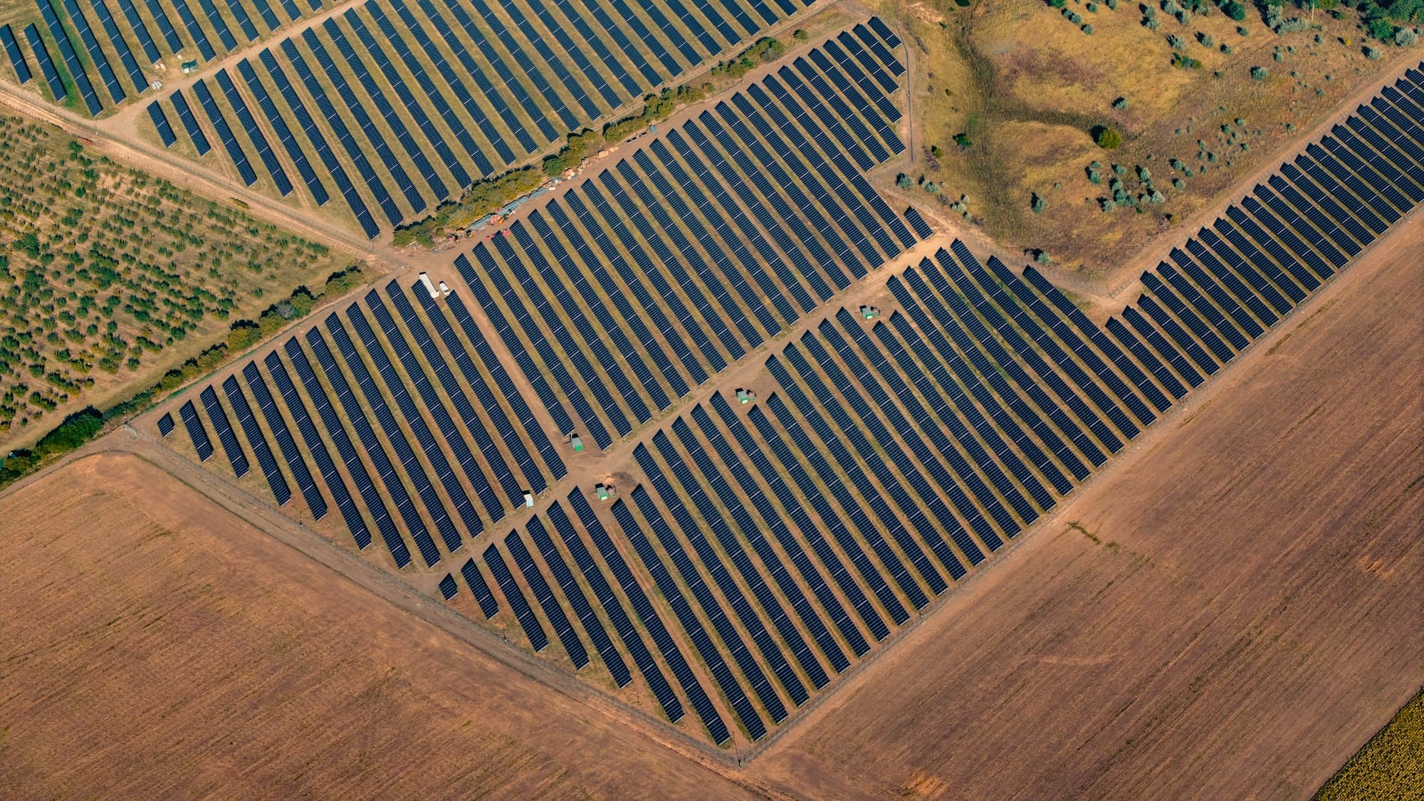 Aerial view of a large-scale solar panel installation